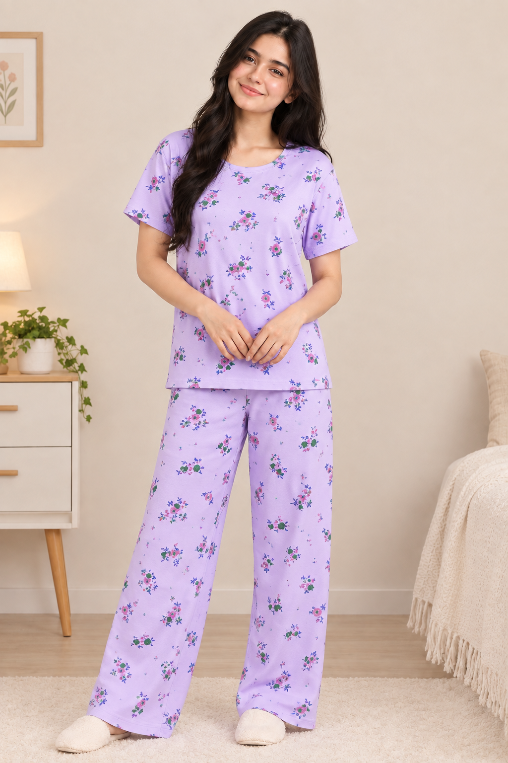 Women’s Lavender Floral Printed Night Suit – 2-Piece Pajama Set
Description