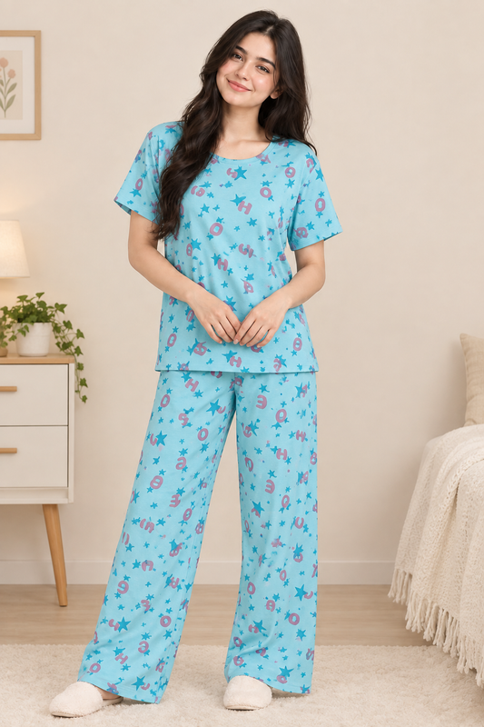 Women’s Sky Blue Printed Pajama Set – Short Sleeve Comfortable Nightwear
