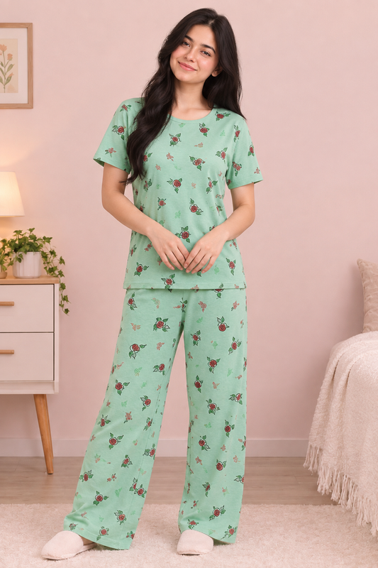 Women’s Mint Green Floral Printed Cotton Night Suit Set – Comfortable 2-Piece Pajama Set