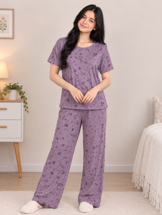 Women’s Purple Printed Night Suit | Short Sleeve Top & Wide-Leg Pajama Set