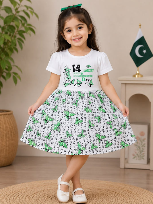 Pakistan Independence Day Girls White Printed Frock – 14 August Special | Soft Cotton Dress