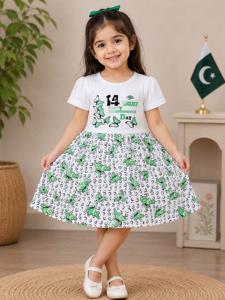 Pakistan Independence Day Girls White Printed Frock – 14 August Special | Soft Cotton Dress