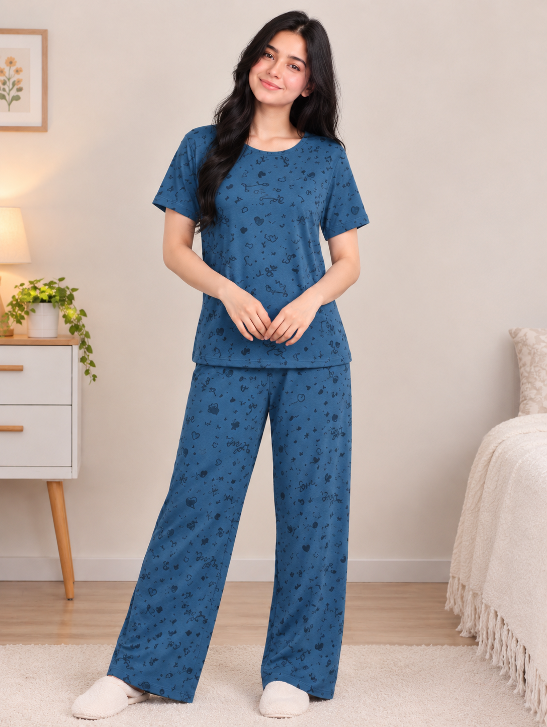 Women’s Blue Printed Night Suit | Short Sleeve Top & Wide-Leg Pajama Set