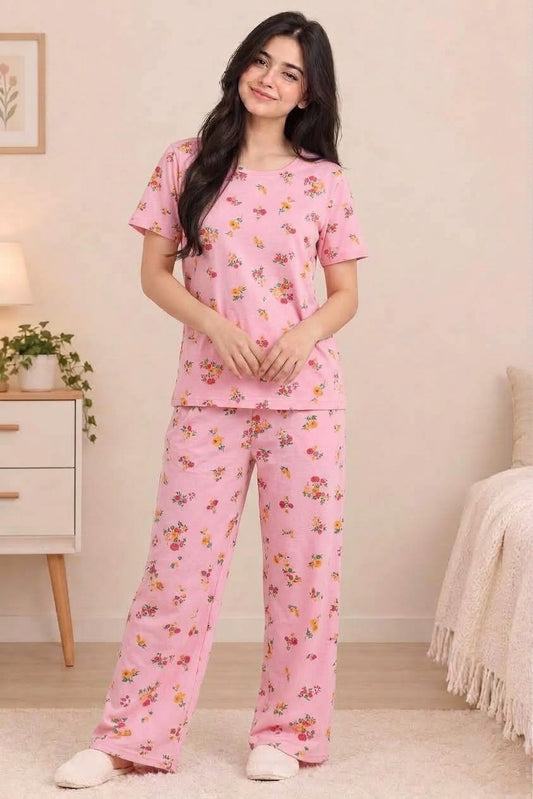 Women’s Pink Floral Print T-Shirt & Pajama Set