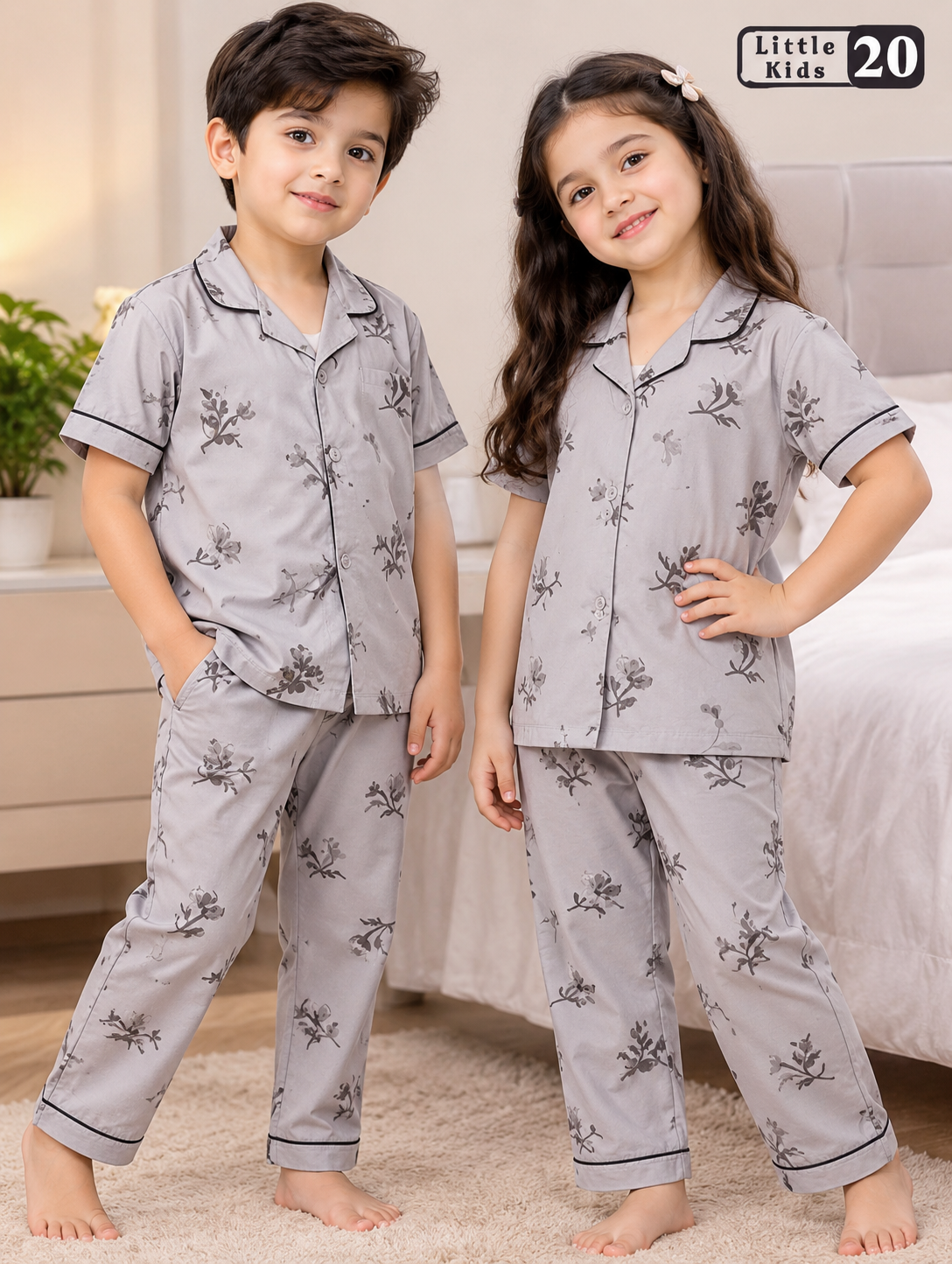 Little Kids Floral Cotton Night Suit – Light Grey