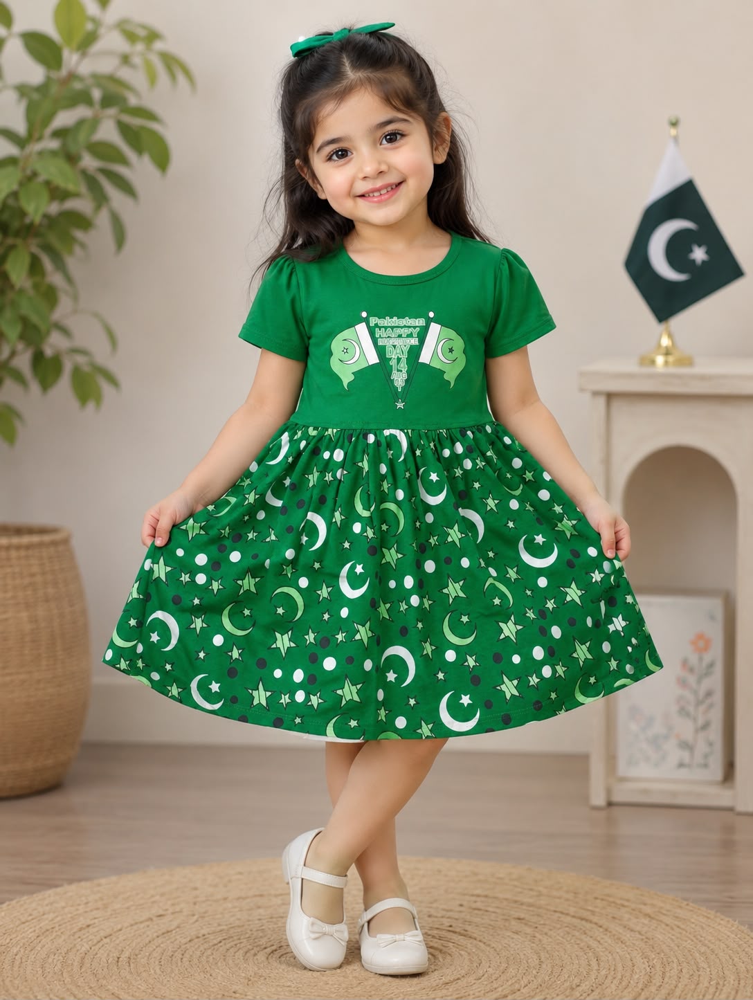Girls Pakistan Independence Day Green Frock – 14 August Celebration Dress