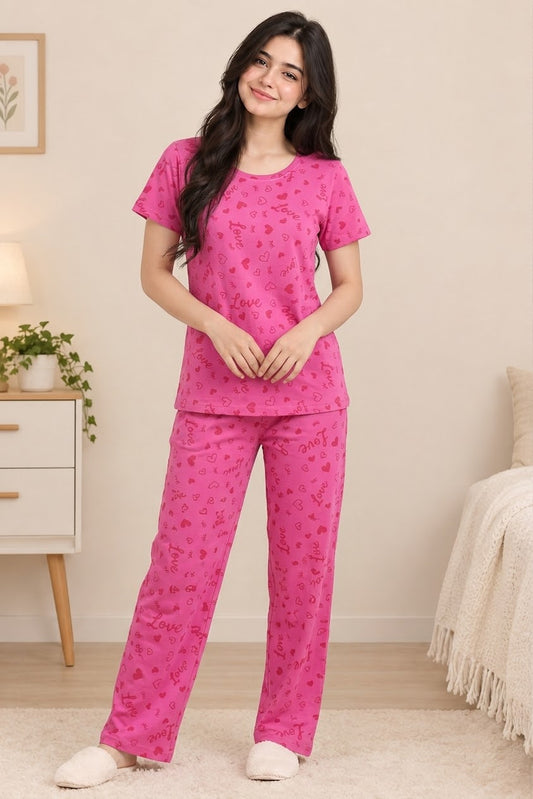 Women’s Pink Printed Short Sleeve Pajama Set – Comfortable Nightwear
Description